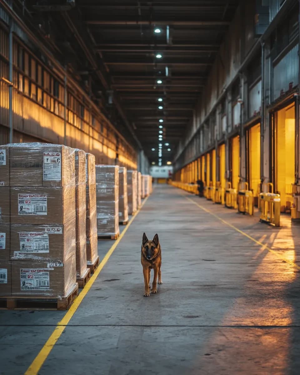 En zone de sûreté d'un entrepôt de fret aérien, un malinois détecteur inspecte des rangées de palettes.